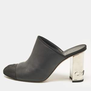 Chanel Black Leather and Fabric Cap Toe CC Mules Size 36