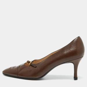 Pre Owned Chanel Brown Leather CC Cap Toe Pumps Size 39.5