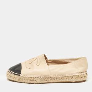 Chanel Beige/Black Leather CC Cap Toe Espadrille Flats Size 39