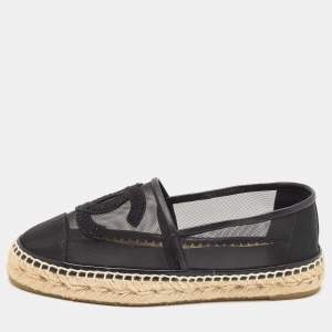 Pre Owned Chanel Black Mesh and Leather CC Espadrille Flats Size 36