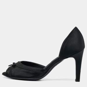Chanel Black Satin CC Crystal Embellished Peep Toe Pumps Size 37