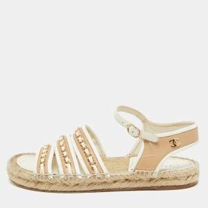Chanel Beige/White Leather CC Chain Link Strappy Espadrille Sandals Size 39