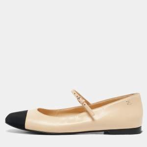 Pre Owned Chanel Beige/Black Leather Cap Toe Ballet Flats Size 40.5