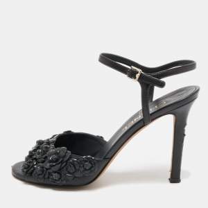 Chanel Black Leather Camellia Applique Ankle Strap Sandals Size 37.5