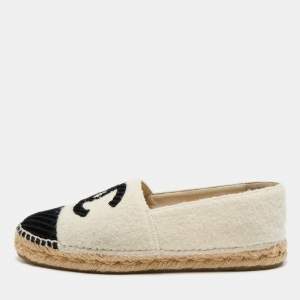 Pre Owned Chanel Cream/Black Felt Fabric and Velvet CC Espadrille Flats Size 38