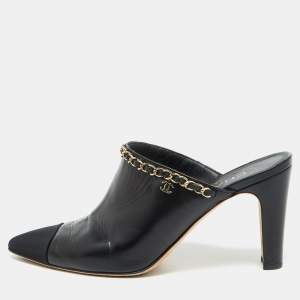 Chanel Black Leather CC Logo Chain Link Pointed Toe Mules Size 39