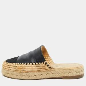 Chanel Black Leather and Raffia CC Platform Espadrille Mules Size 36
