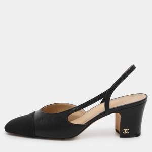 Chanel Black Fabric and Leather CC Slingback Pumps Size 37.5