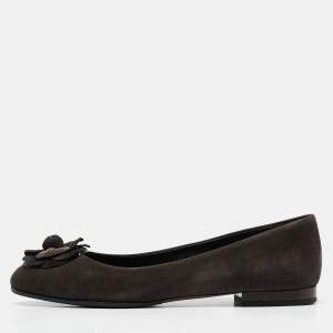 Pre Owned Chanel Dark Brown Suede CC Camelia Ballet Flat Size 38.5