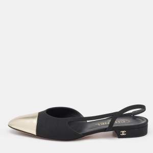 Chanel Black/Gold Grosgrain and Leather CC Slingback Flats Size 39.5