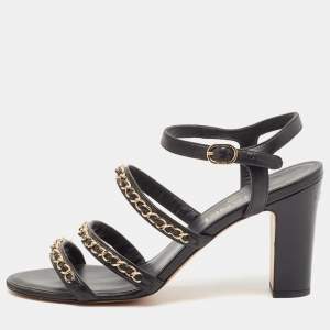 Chanel Black Leather CC Chain Detail Ankle Strap Sandals Size 39.5