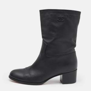 Chanel Black Leather CC Ankle Length Boots Size 41