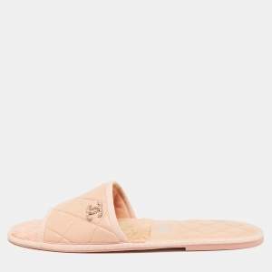 Chanel Peach Pink Leather Interlocking CC Logo Slides Size M