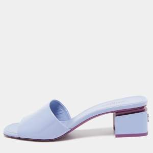 Chanel Light Blue Patent Leather CC Block Heel Slide Sandals Size 40.5