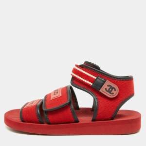 Chanel Red/Black Fabric and Leather Coco Chanel Strap Sandals Size 38