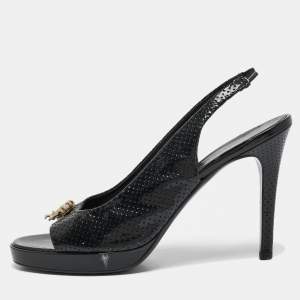 Chanel Black Perforated Patent Leather Open Toe Slingback Sandals Size 39.5