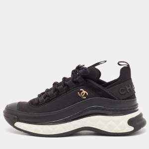 Pre Owned Chanel Black Leather and Neoprene CC Low Top Sneakers Size 38
