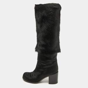 Chanel Black Calf Hair Block Heel Calf Length Boots Size 37