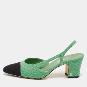 Chanel Green/Black Tweed and Fabric Cap Toe CC Slingback Pumps Size 39.5