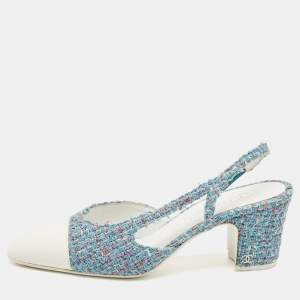 Pre Owned Chanel Blue/White Tweed and Patent Leather Cap Toe CC Slingback Pumps Size 39.5