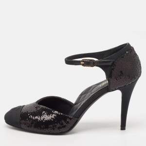 Chanel Black Sequins and Grosgrain Cap Toe CC Ankle Strap Pumps Size 39.5