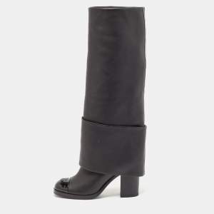 Chanel Black Patent and Leather CC Cap Toe Fold Over High Boots Size 38.5