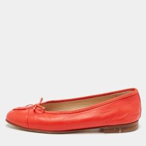 Pre Owned Chanel Red Leather CC Cap Toe Bow Ballet Flats Size 35.5
