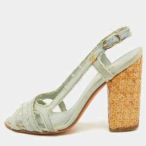 Chanel Light Blue Canvas Strappy Block Heel Slingback Sandals Size 36.5