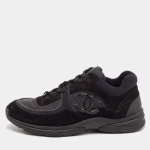 Pre Owned Chanel Black/Navy Blue Suede and Fabric CC Low Top Sneakers  Size 45