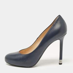 Chanel Navy Blue Leather Platform Pumps Size 39.5