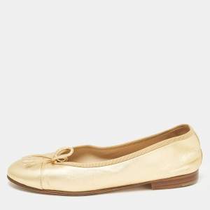 Pre Owned Chanel Gold Leather Cap Toe CC Bow Ballet Flats Size 35.5