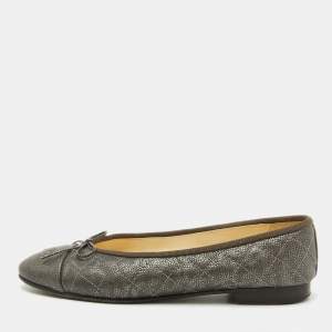Pre Owned Chanel Dark Grey Leather CC Cap Toe Bow Ballet Flats Size 38