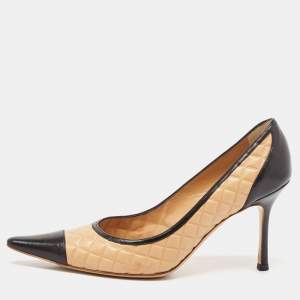 Chanel Black/Beige Leather Pointed Toe Pumps Size 37.5