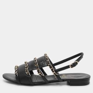 Chanel Black Leather CC Chain Link Flat Slingback Sandals Size 37