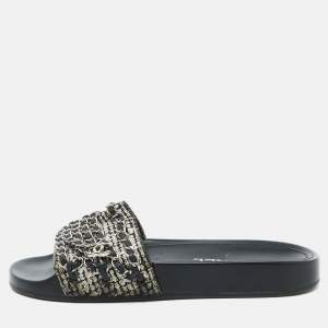 Chanel Black/White Tweed Fabric Tropiconic Chain Link Flat Slides Size 36