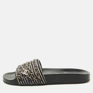 Chanel Black Tweed Fabric Tropiconic Chain Link Flat Slides Size 38