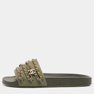 Chanel Green Canvas  Tropiconic Chain Detail Slides Size 42