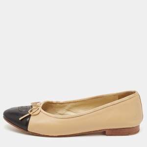 Pre Owned Chanel Beige/Black Leather CC Cap Toe Bow Ballet Flats Size 40