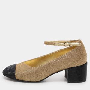 Chanel Gold/Black Lurex Fabric CC Cap Toe Block Heel Pumps Size 36.5