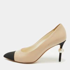 Chanel Beige/Black Leather and Canvas Faux Pearl Cap Toe Pumps Size 38