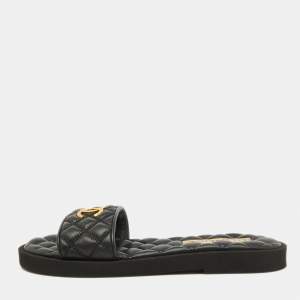 Chanel Black Quilted Leather CC Logo Flat Slides Size 38