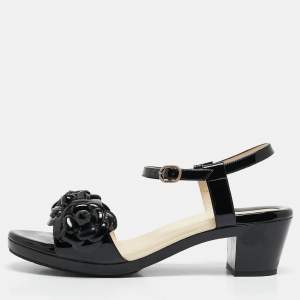 Chanel Black Patent Leather Camellia Accent Ankle Strap Sandals Size 41