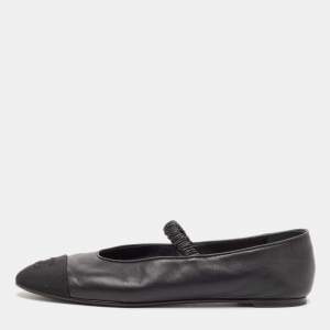 Pre Owned Chanel Black Leather and Fabric CC Mary Jane Ballet Flats Size 39