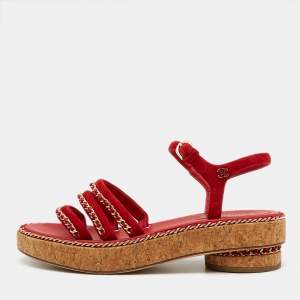 Chanel Red Suede Chain Detail Ankle Strap Sandals Size 38.5