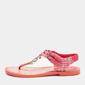 Chanel Pink Tweed Embellished CC Thong Flat Sandals Size 38.5