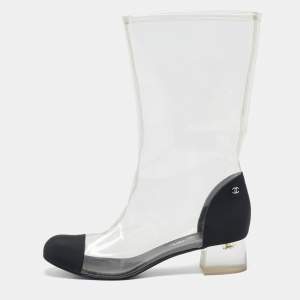 Chanel Black/Transparent Fabric and PVC CC Calf Length Boots Size 42