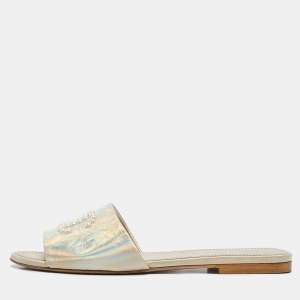 Chanel Iridescent Leather CC Pear Embellished Flat Slides Size 39