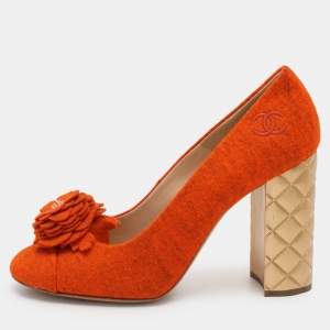 Chanel Orange Felt Embellished Quilted Block Heel Pumps Size 40