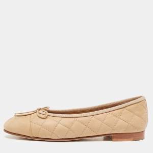 Chanel Beige Quilted Nubuck Leather CC Cap Toe Bow Ballet Flats Size 36