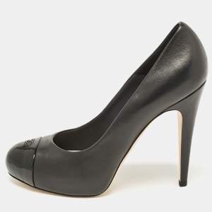 Pre Owned Chanel Black Patent and Leather CC Cap Toe Platform Pumps Size 41